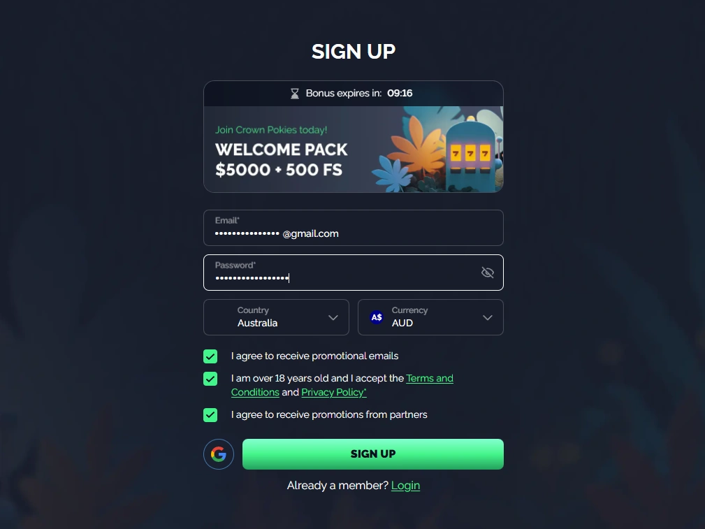 CrownPokies sign-up screen with email, password, Australia, AUD and consent options