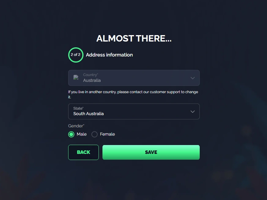 CrownPokies address information screen with country, South Australia and gender selection