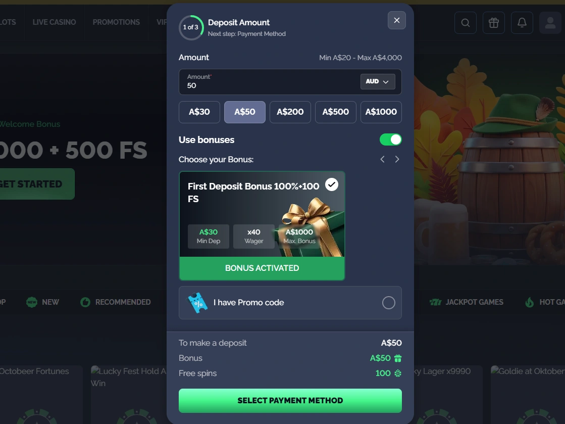 CrownPokies deposit screen showing A$50 deposit and first deposit bonus with 100 free spins